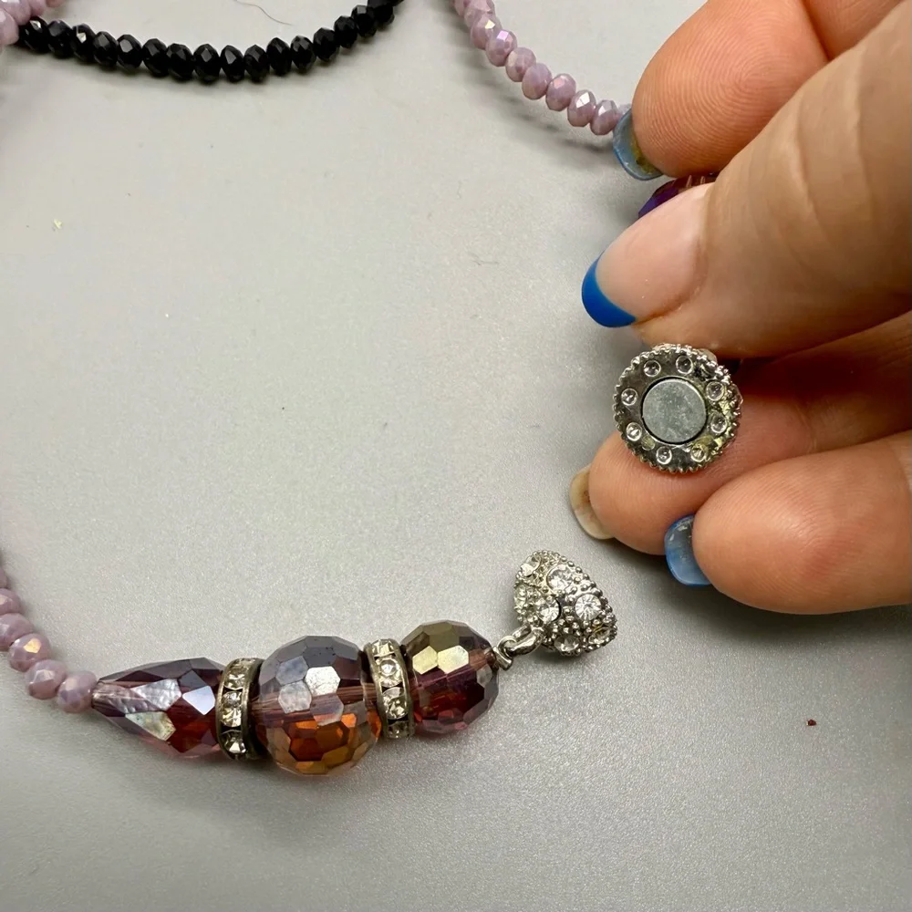 Layered Necklace Rhinestone Black Lavender Crystal Bead Hi-Lo Handmade Designer - Picture 8 of 10